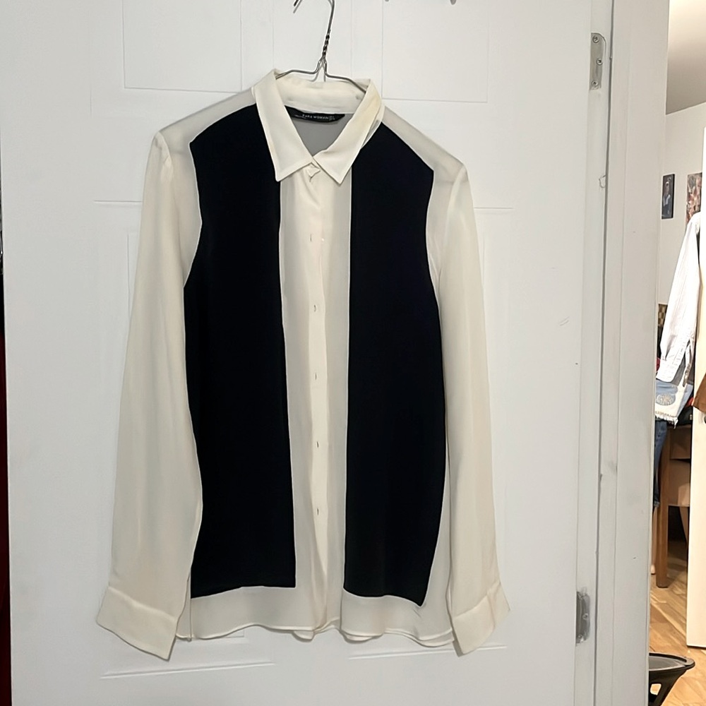 See-through button-up black and white long sleeve shirt Zara mesh sized large